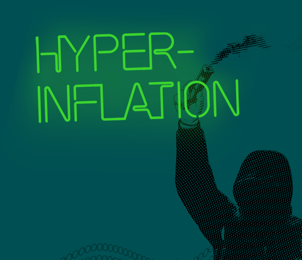 Illustration med turkos bakgrund med texten hyperinflation i neongrön och en huligan som håller upp en rykande fackla