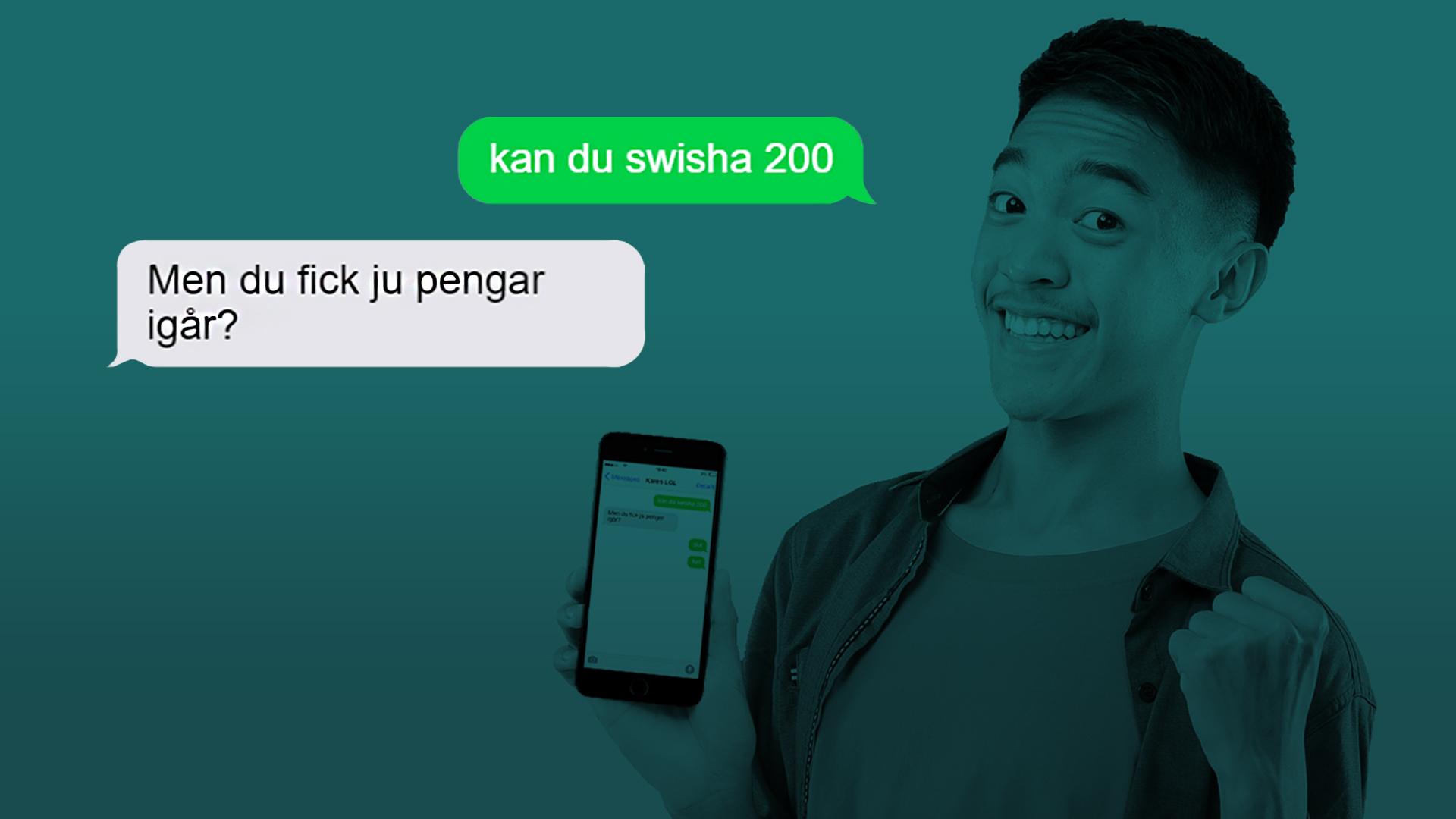Sms-konversation där förälder skriver "kan du swisha 200 kr" och barnet svarar "men du fick ju pengar igår?"