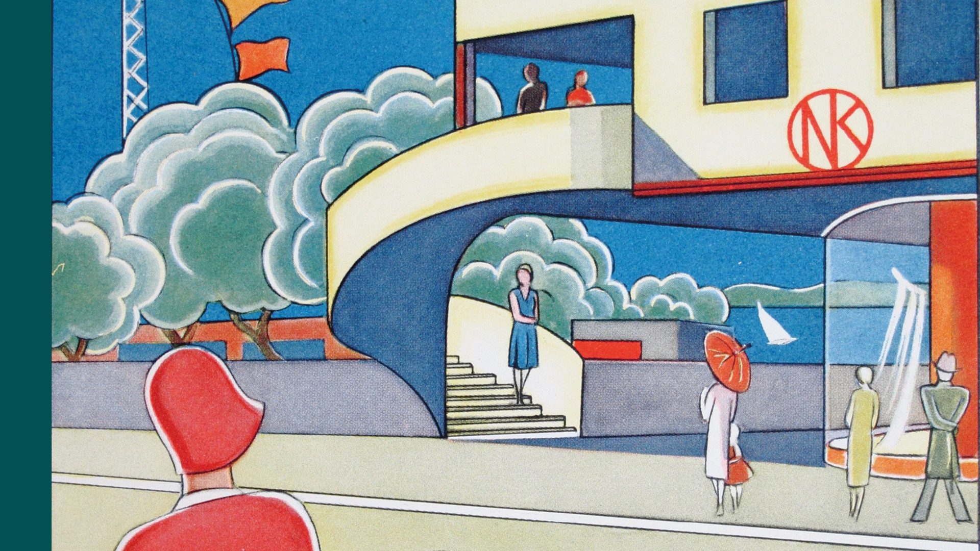 Illustration av människor som besöker ett vitt hus med en skylt där det står "NK"