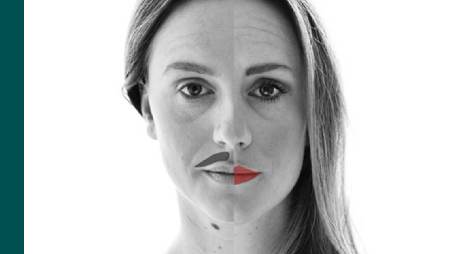 Svartvit foto på ett kvinnoansikte, halva ansiktet har en mustasch och andra halvan har läppstift