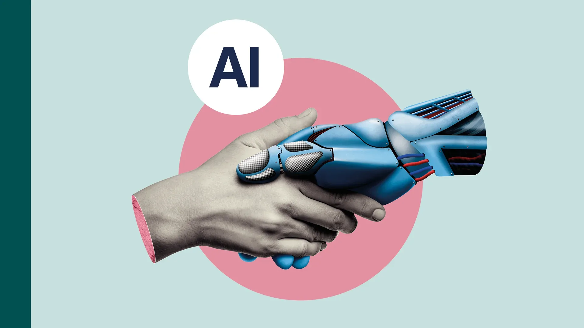Bild på en robot och människa skakar hand.