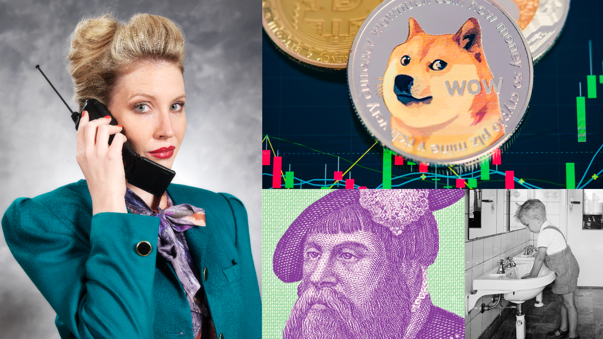Collage with a yuppie, Gustav Vasa, crypto currency, and a black and white photo of a child