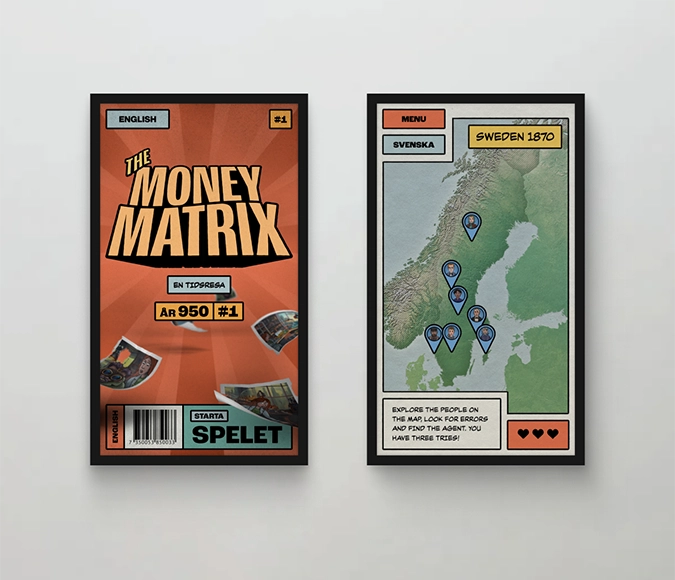 Två digitala skärmar som visar spelet Money Matirx.