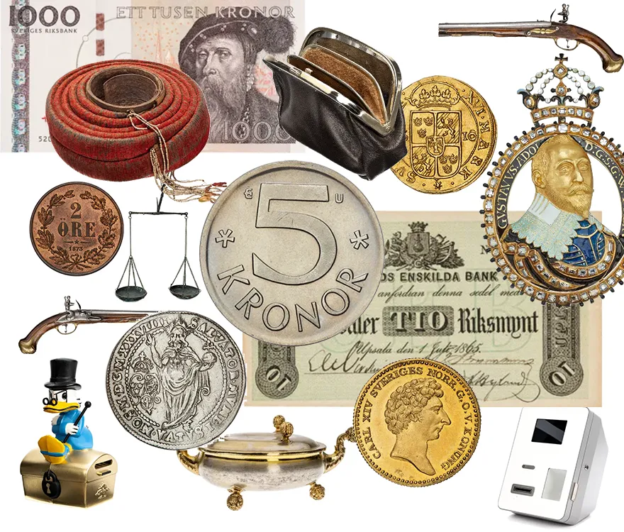 Kollage med mynt, medaljer, sedlar och andra föremål