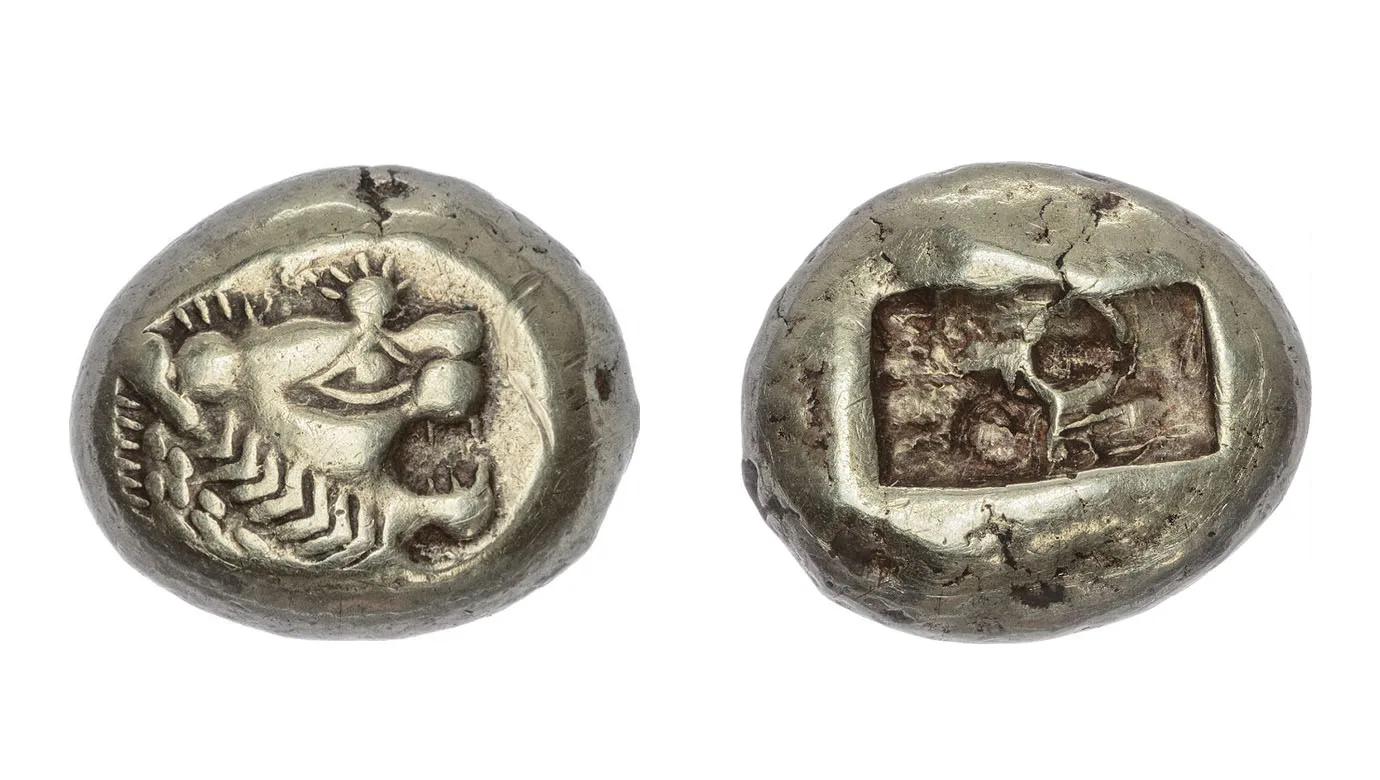 Mynt med ett lejon på ena sidan  och rektangulär form på andra sidan.