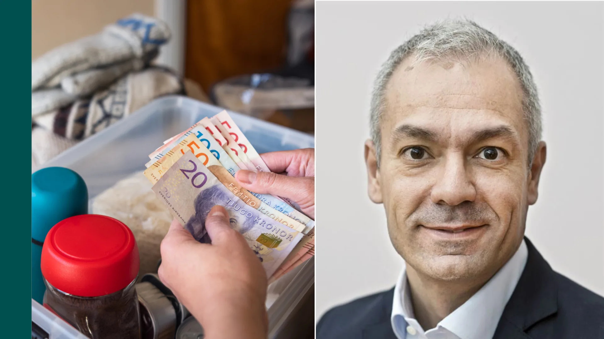 Ett kollage med händer som håller i en bunt svenska sedlar och Arturo Arques, sparekonom på Swedbank