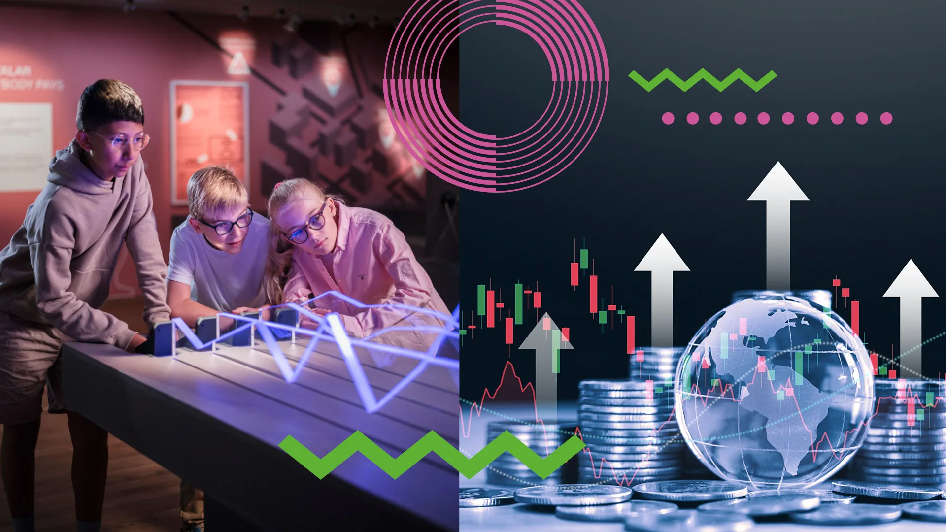 Kollage med två bilder. Barn i utställningen Ekonomilabbet och en bild på en jordglob omgiven av mynt.