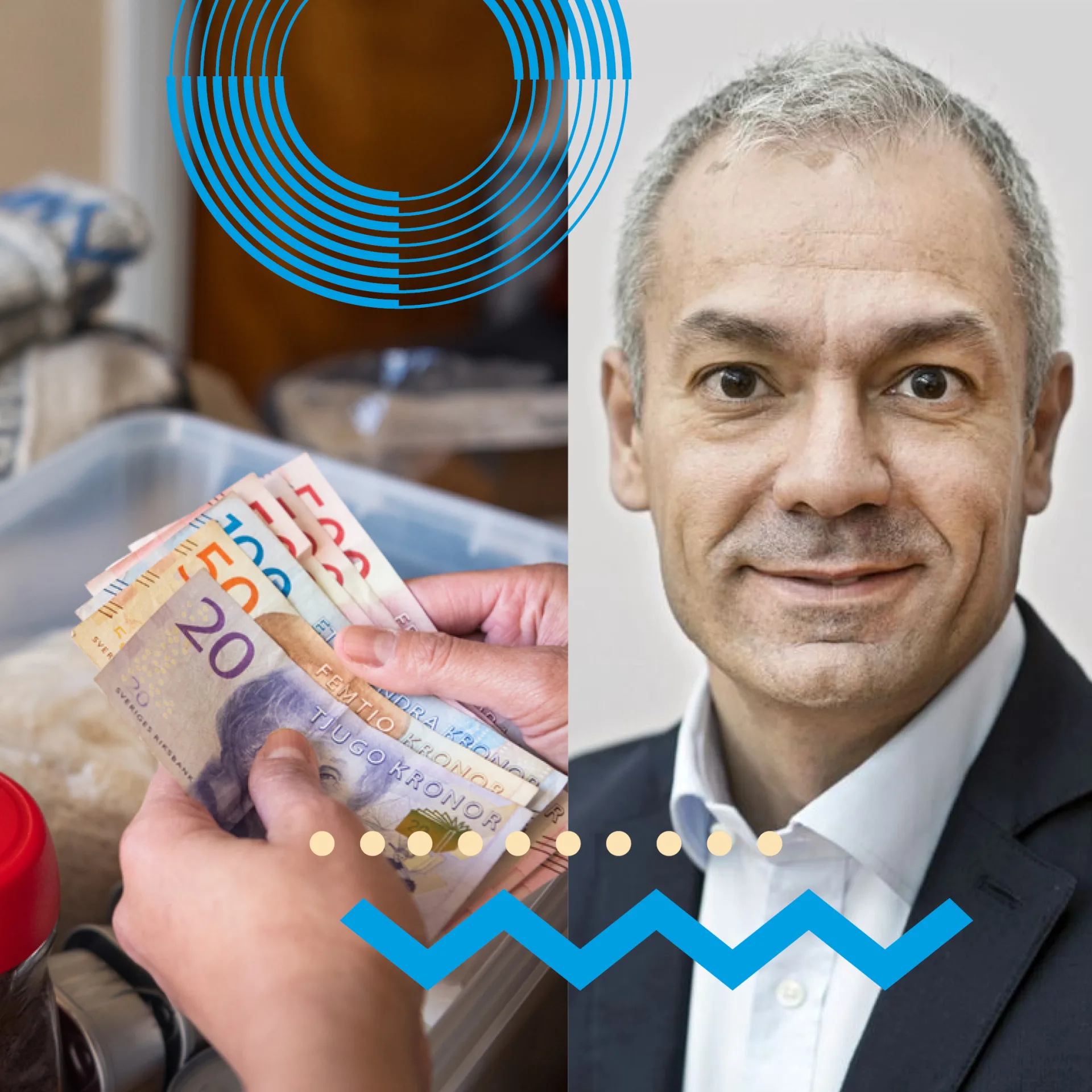 Ett kollage med  Arturo Arques, privatekonom på Swedbank och Sparbankerna och en hand med sedlar.