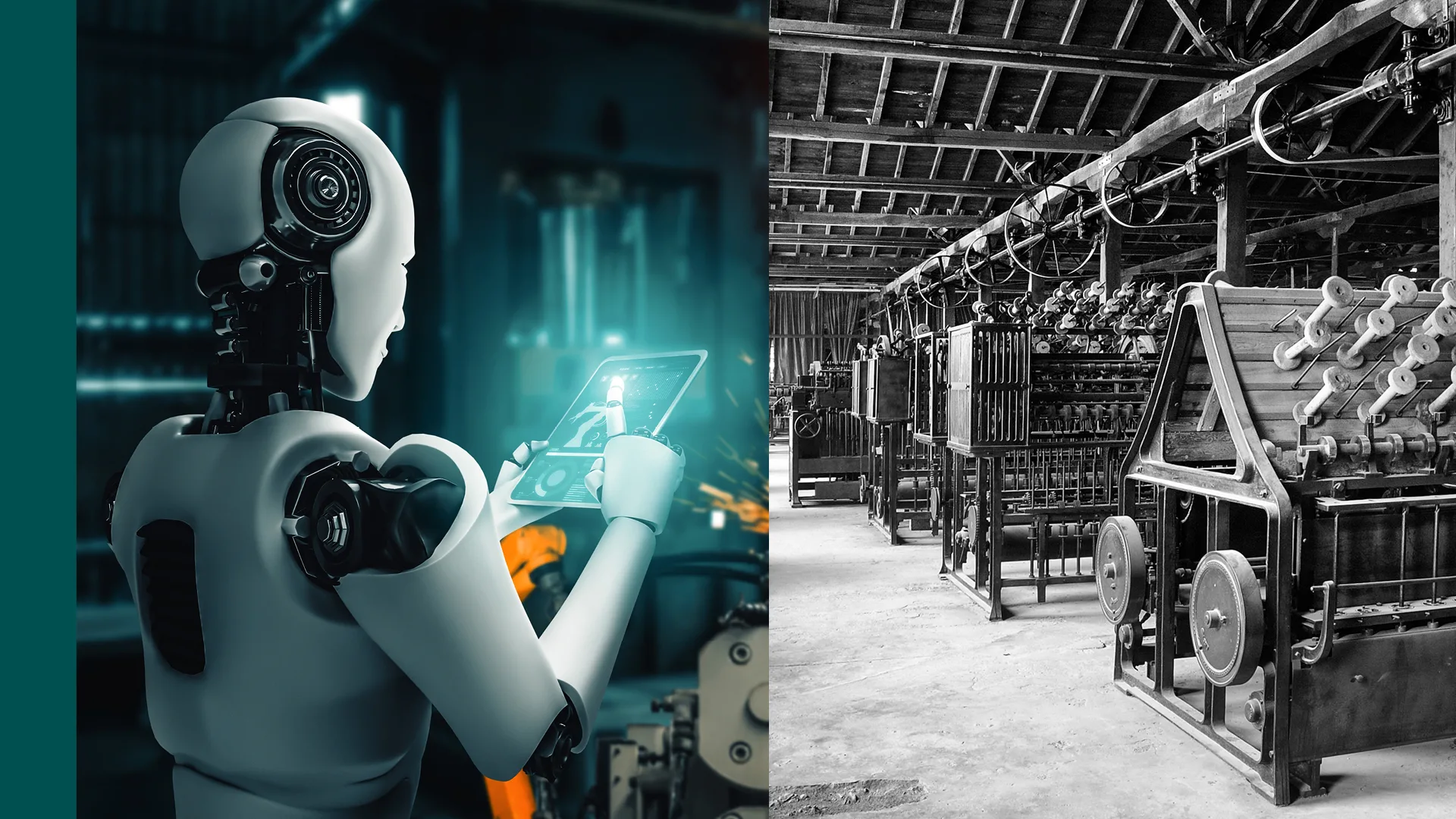 Kollage med två bilder – till vänster en modern robot som arbetar vid en maskin, till höger en svartvit bild som visar äldre industrimaskiner.