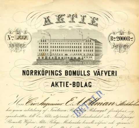 Ett aktiebrev från Norrköpings bomullsväveri