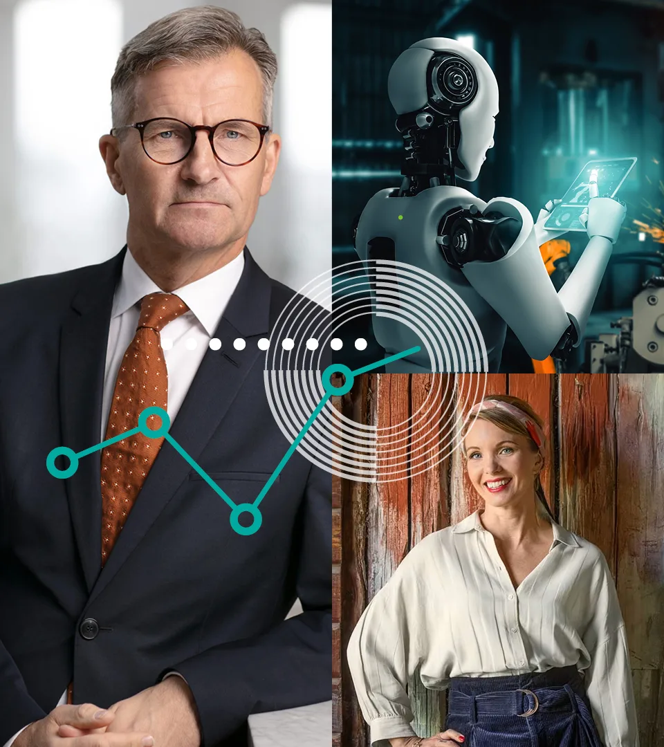 Kollage med ekonomiska grafer, porträtt på Erika Åberg och riksbankschefen Erik Thedéen. 