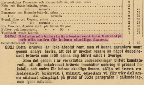 Ett gammalt tidningsurklipp. Följande mening är markerad i rosa: OBS! Sistnämnda bränvin är absolut rent från finkelolja och alla andra för helsan skadliga ämnen."