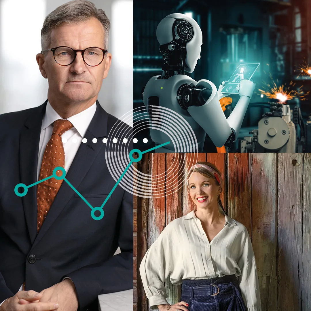 Kollage av bilder med en man i kostym, en kvinna vid en ladugårdsvägg, en robot och en maskin.