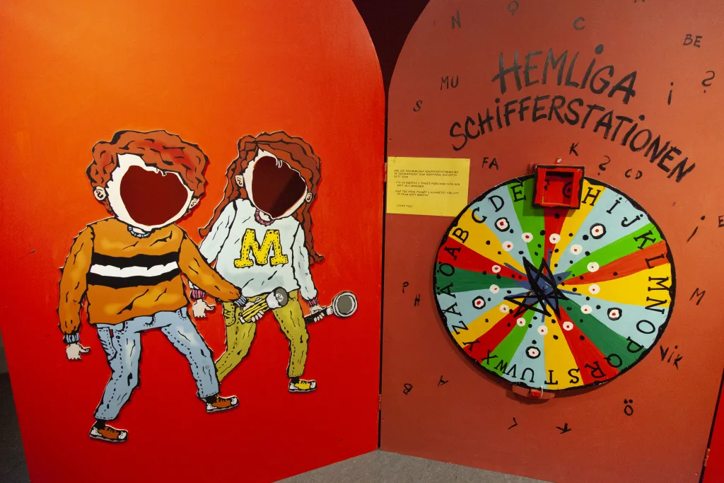 Chifferhjul med illustrationer av två unga detektiver