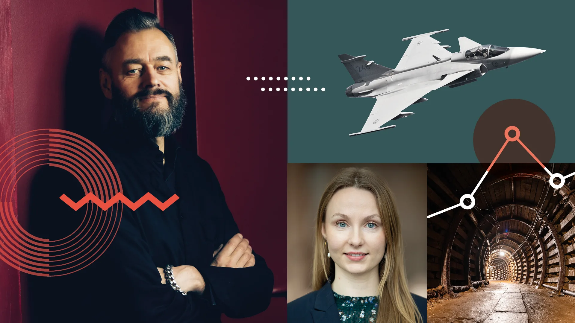 Collage med en kvinna, pengar och grafiska symboler