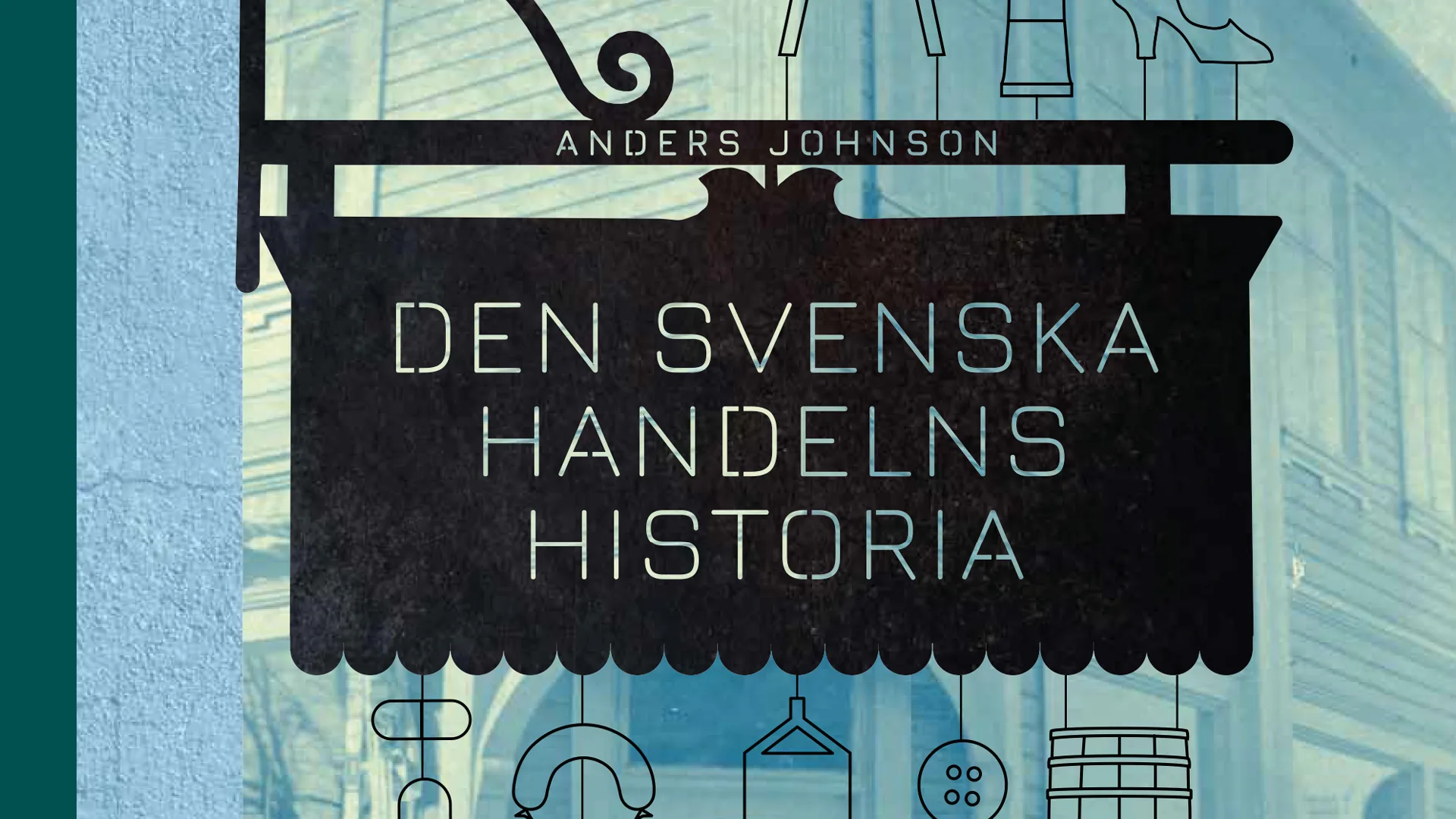 En illustrerad skylt med text, lagd ovanpå ett gammalt fotografi.