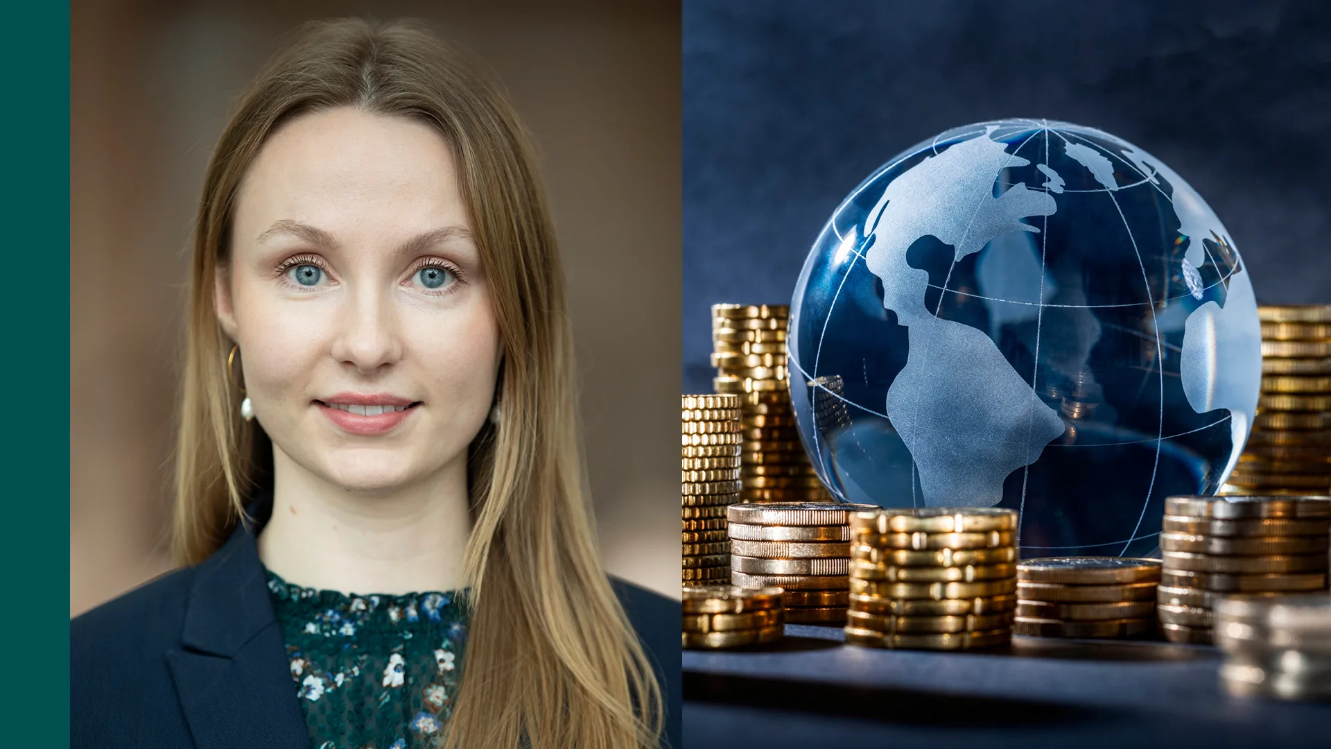 En kvinna till vänster, till höger uppstaplade mynt och en jordglob.