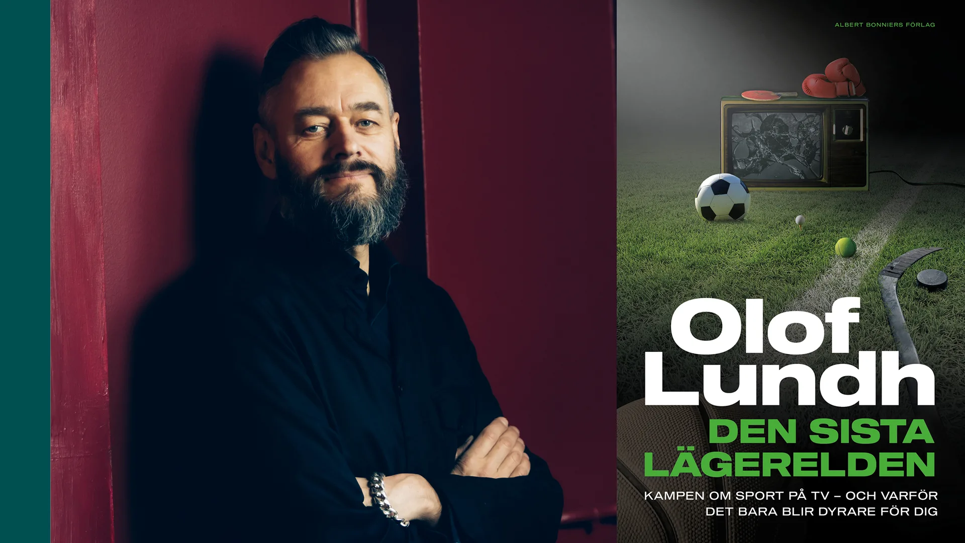 En tvådelad bild som visar en man med korslagda armar till vänster och en trasig tv med diverse sportartiklar till höger.