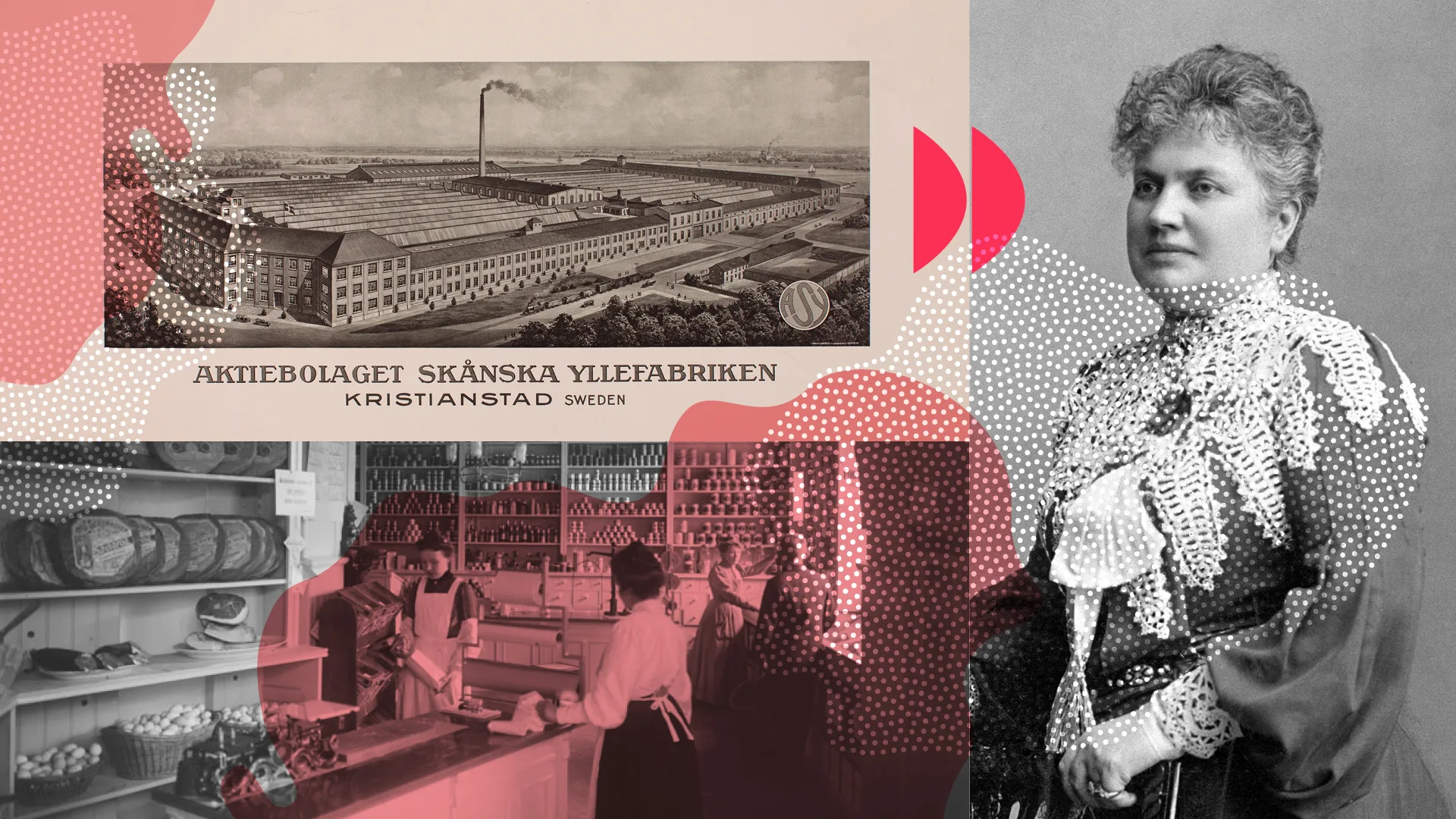 Ett kollage med svartvita fotografier av kvinnor under sekelskiftets Sverige. samt flertalet rosa element.