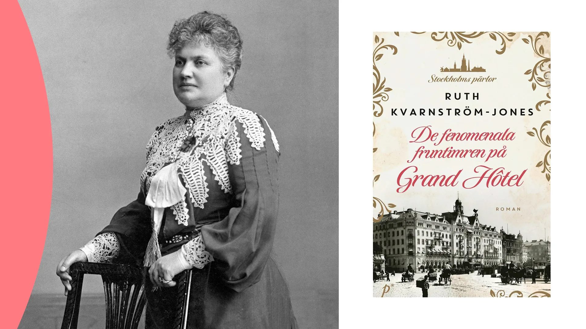 En tvådelad bild, med en kvinna i håruppsättning och klänning till vänster, samt ett bokomslag till höger.