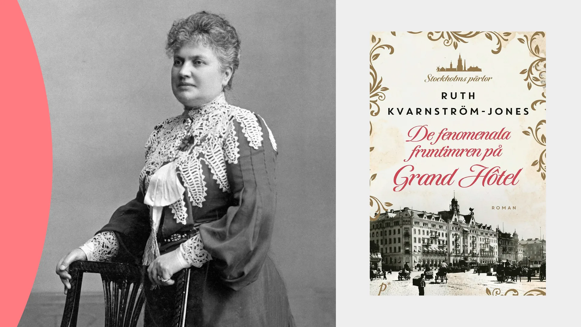 En tvådelad bild, med en kvinna i håruppsättning och klänning till vänster, samt ett bokomslag till höger.