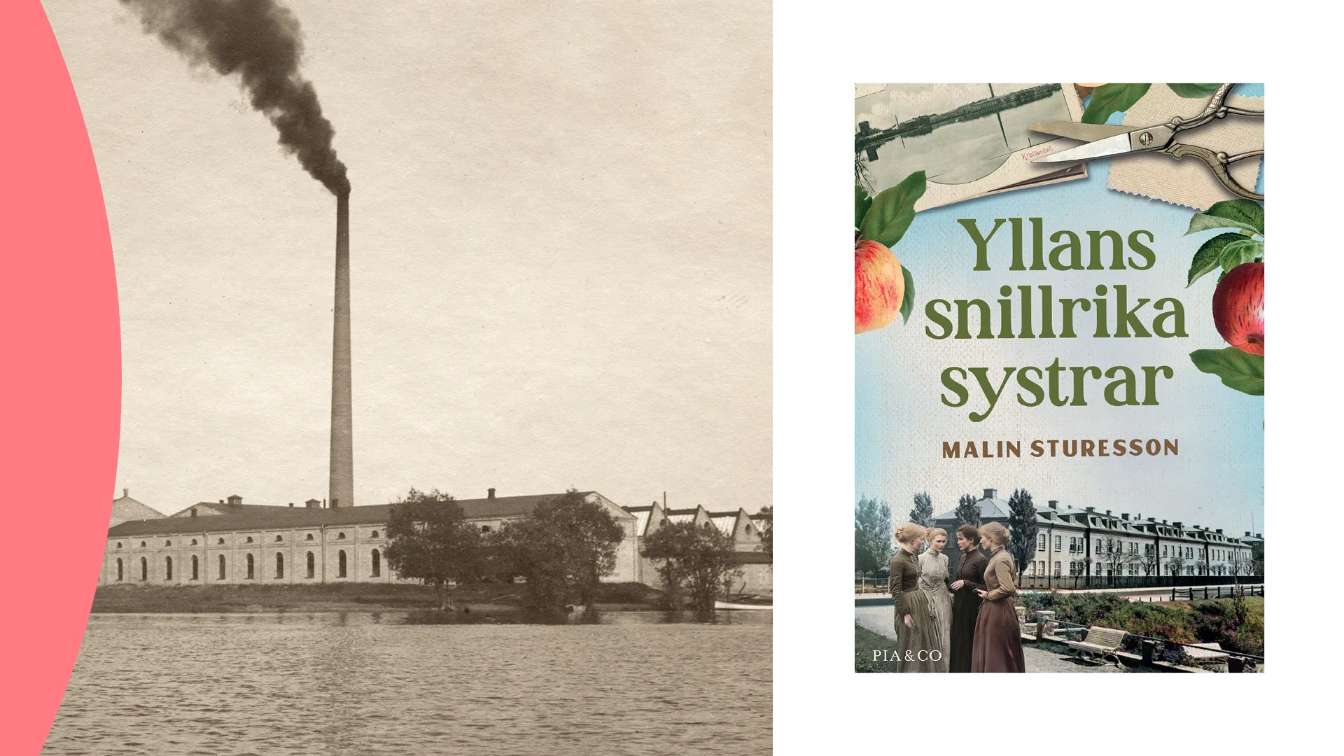 En tvådelad bild, med ett svartvitt fotografi till vänster, och ett bokomslag till höger.