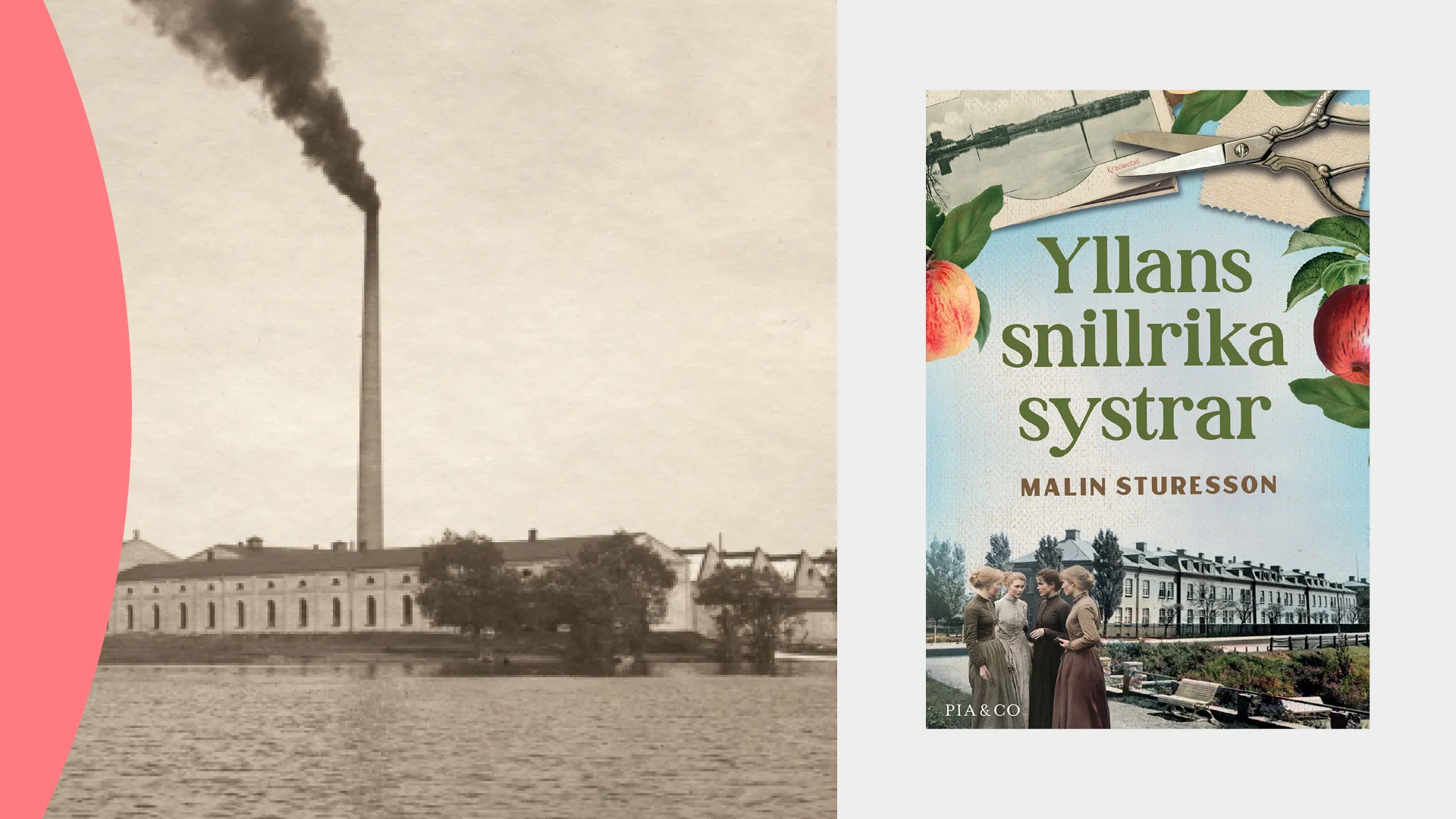 En tvådelad bild, med ett svartvitt fotografi till vänster, och ett bokomslag till höger.