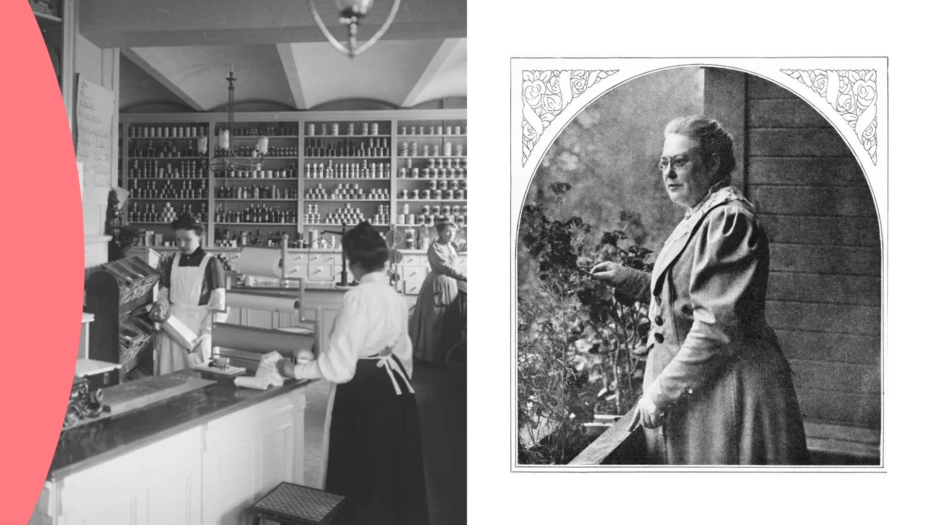 En tvådelad bild, till vänster syns kvinnor klädda i förkläden stå vid en disk, till höger en bild på en kvinna i glasögon och kappa. 