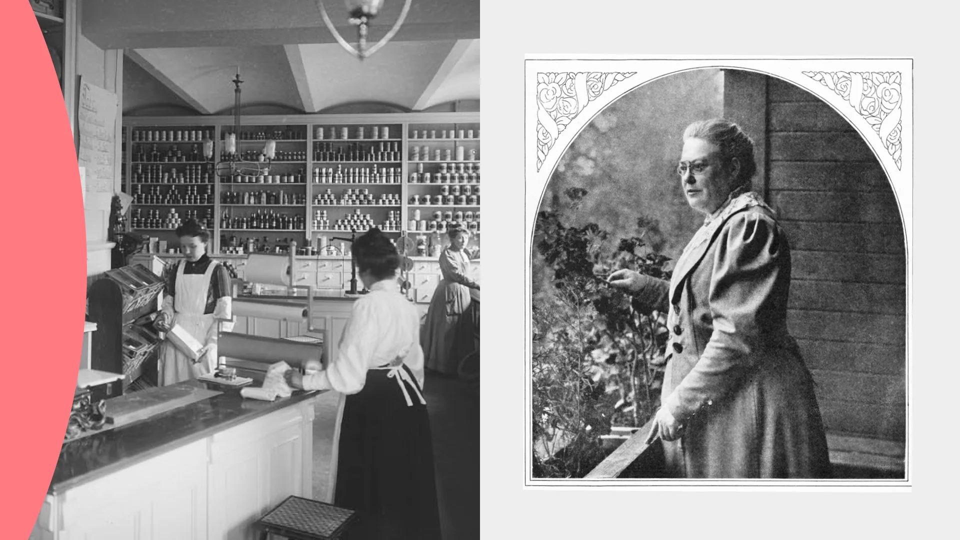 En tvådelad bild, till vänster syns kvinnor klädda i förkläden stå vid en köpdisk, till höger en bild på en kvinna i glasögon och kappa. 