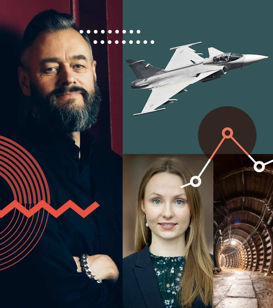 Kollage med en kvinna, man, pengar och grafiska symboler