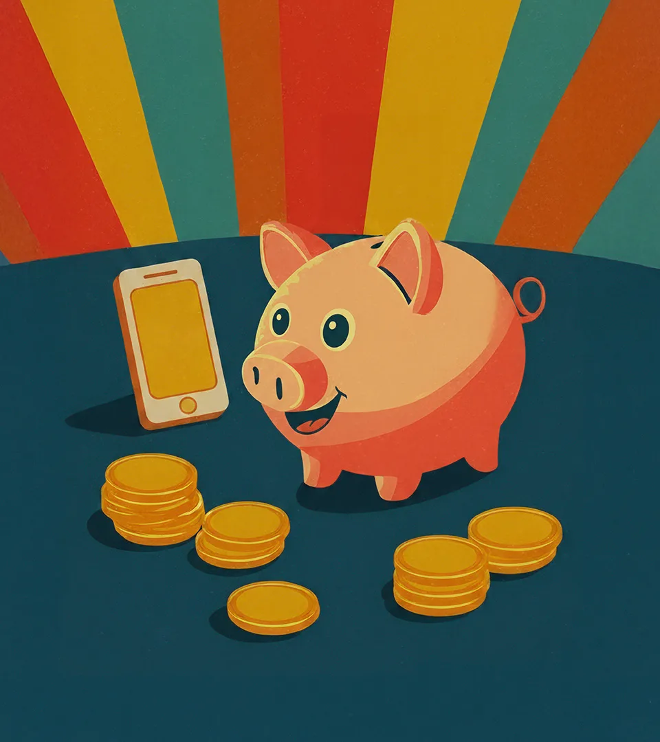 Smiling piggy bank with gold coins and a smartphone