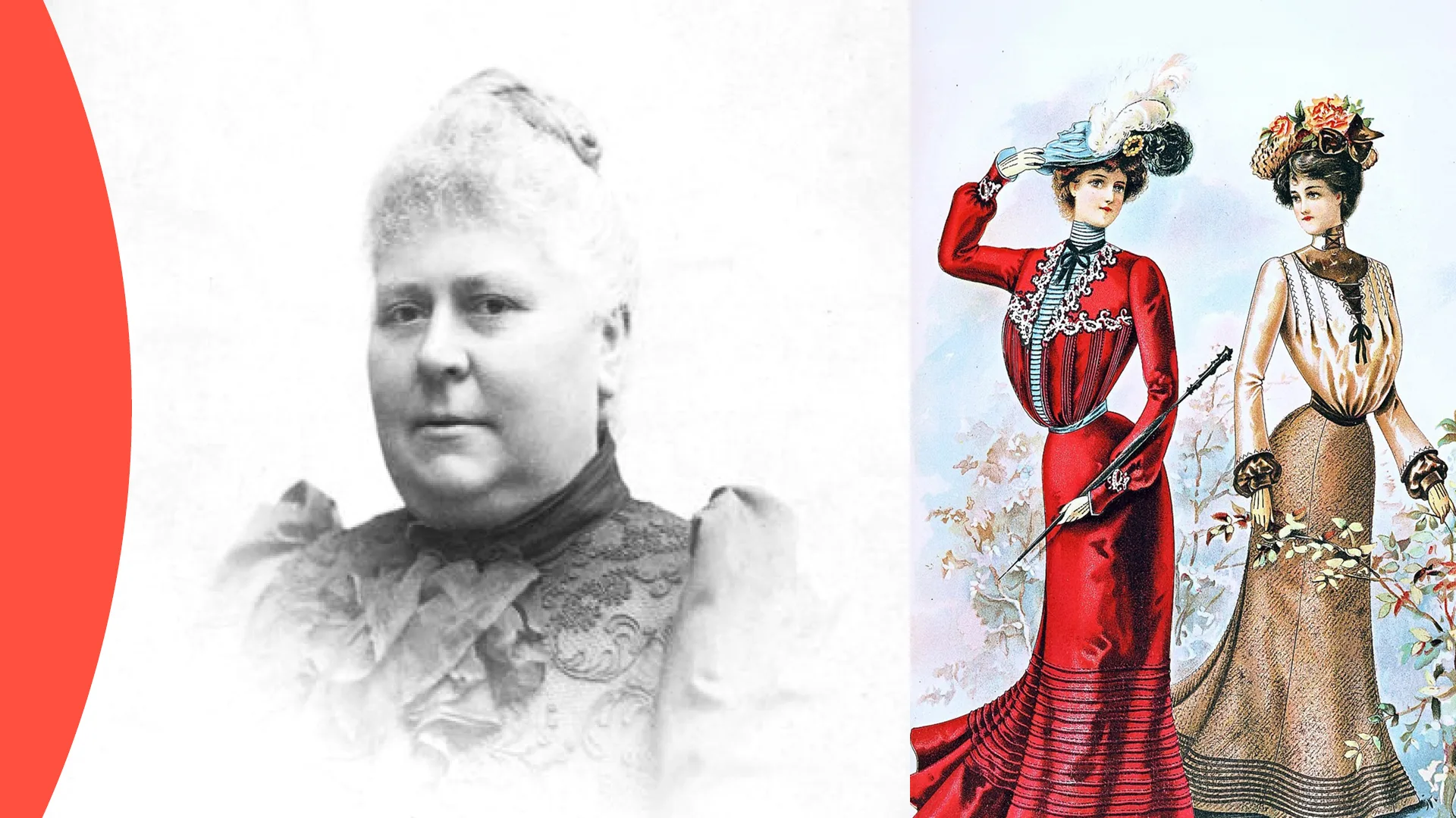 Porträtt med Augusta Lundin och modeillustration